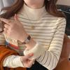 Women's Autumn Winter Thickened Striped Sweater with Integrated Fleece Fabric Half-High Neck Base Layer Top