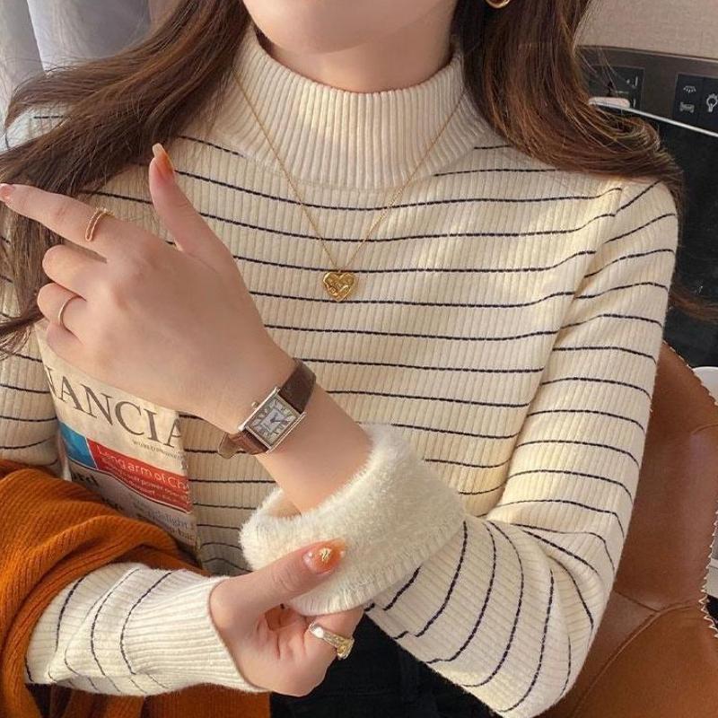 Women's Autumn Winter Thickened Striped Sweater with Integrated Fleece Fabric Half-High Neck Base Layer Top