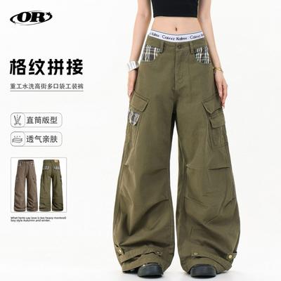 Pantalons Cargo Vintage Americana pour Hommes Femmes avec Patchwork à Carreaux Coupe Ample Jambe Large Pantalons Décontractés