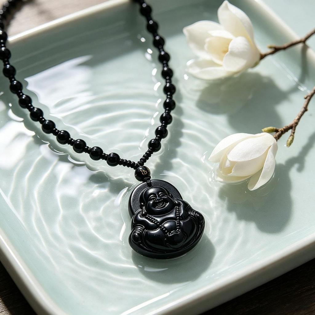 Daily new style black laughing Buddha pendant with beads necklace Buddha amulet men and women couple versatile accessory sweater chain