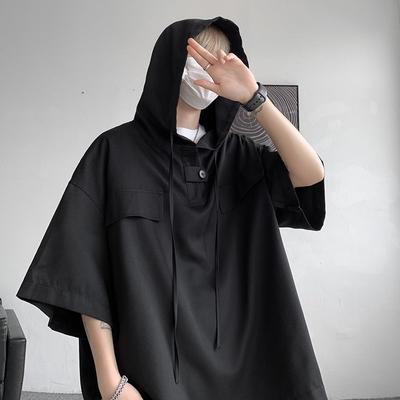 2 Farben Sommer Kapuzen T-Shirt Herren Koreanisch Halbe Ärmel Pullover Streetwear Lockeres T-Shirt Tops Kordelzug Herren Kleidung