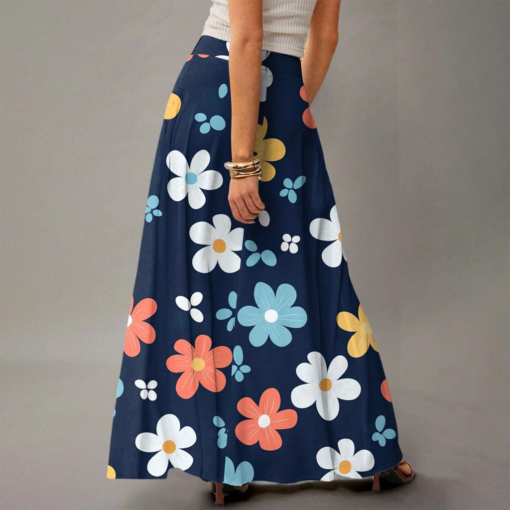 Damen Lässig Freizeit Faltbar Blumenmuster Hohe Taille Mit Tasche Drapierter Entspannter Langer Maxi-Rock