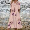 HNXC Elegant Women Dresses V Neck Short Sleeve Button Party Dress Female Summer Vintage Print Dress Casual Loose Floral Ladies Dresses