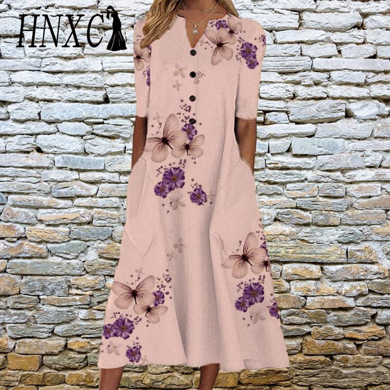 HNXC Elegant Women Dresses V Neck Short Sleeve Button Party Dress Female Summer Vintage Print Dress Casual Loose Floral Ladies Dresses