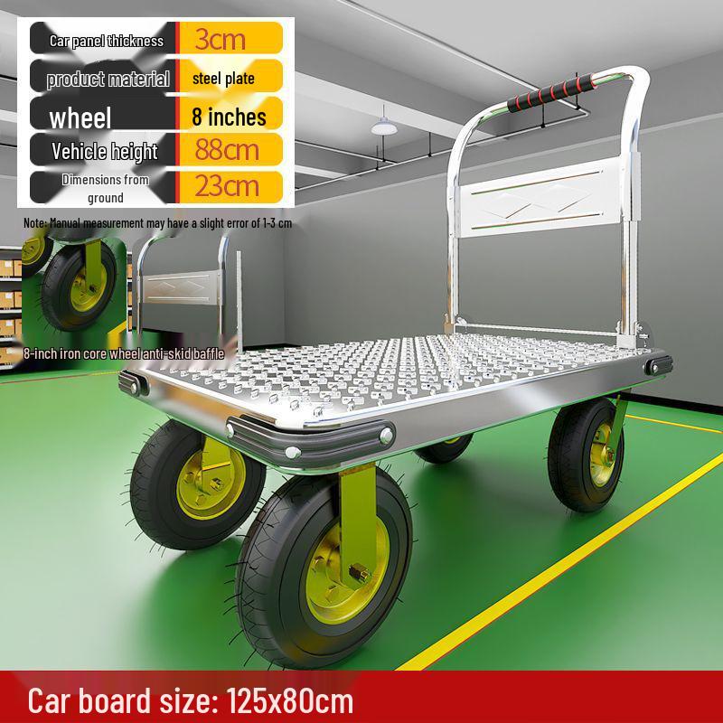 Lightweight Folding Flatbed Hand Truck - Silent, Thickened Steel Plate, 4-Wheel Trolley for Household Use
