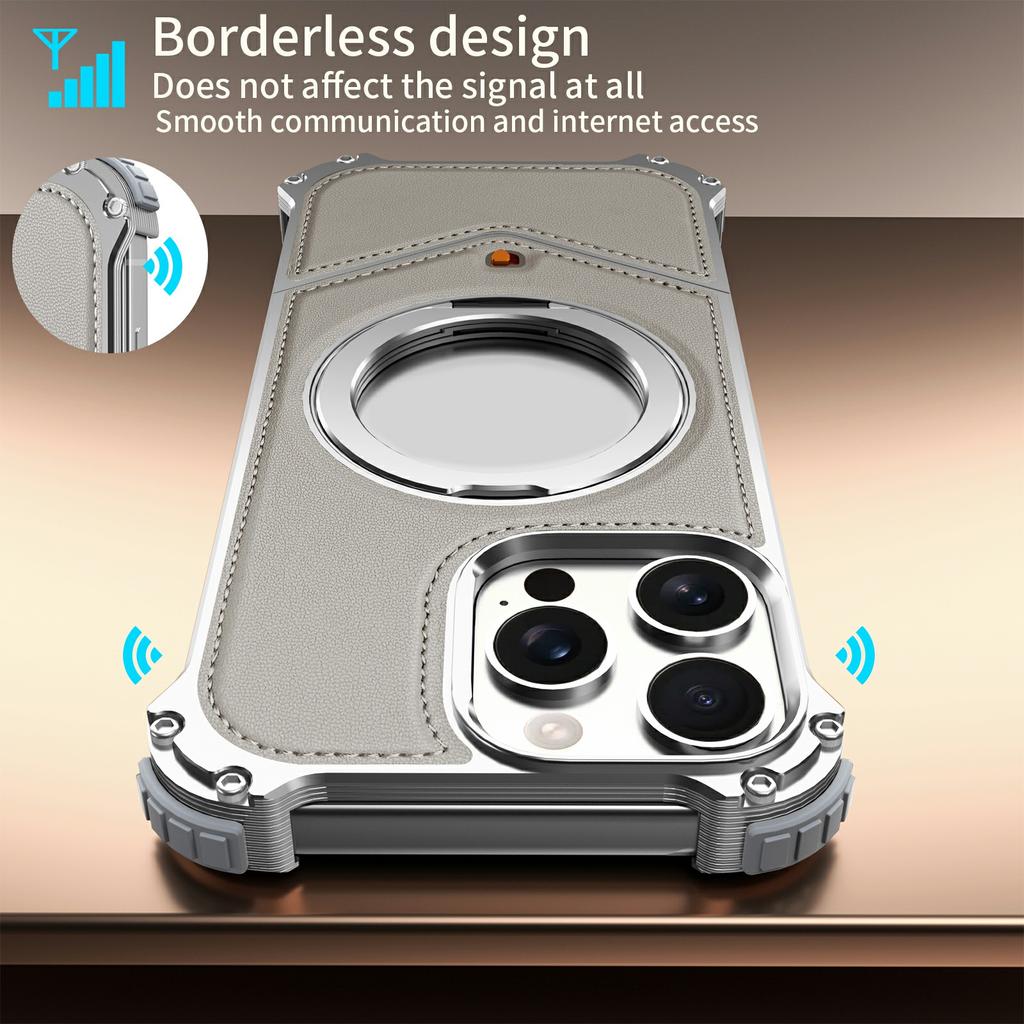 For iPhone 16 Pro Case PU Covered Metal Boardless Phone Back Cover with Kickstand