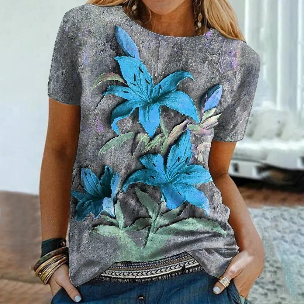 

Женская цветная футболка с принтом роз, летняя популярная футболка с коротким рукавом, повседневная свободная футболка с круглым вырезом, уличная одежда 4XL