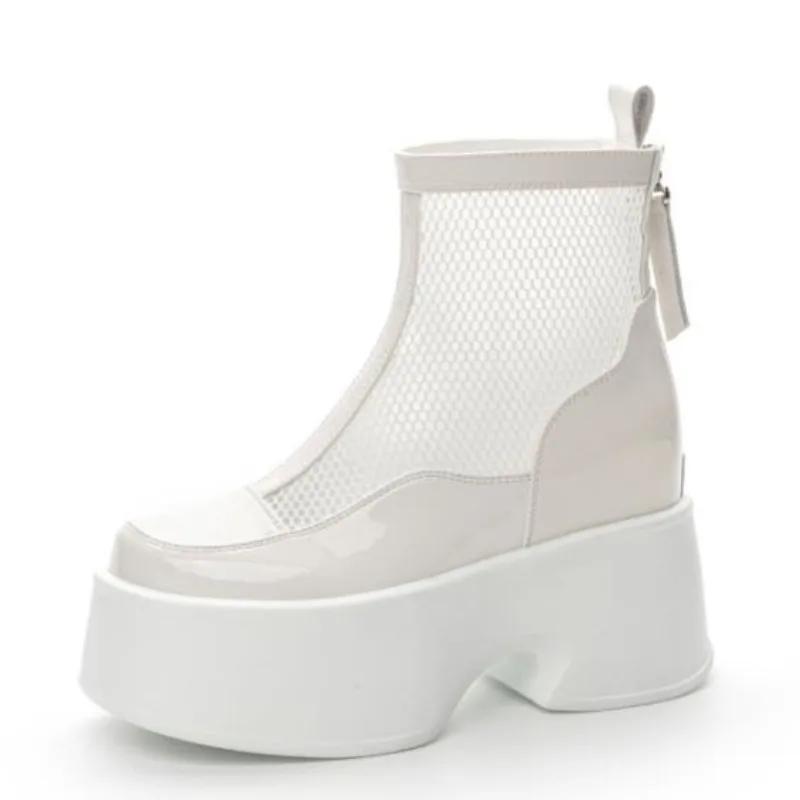 Fashion Hot sale 11cm Air Mesh Breathable Motorcycle Ankle Boots Woman Fashion Sandals Platform Patent Leather Shoes Hollow Boots Summer