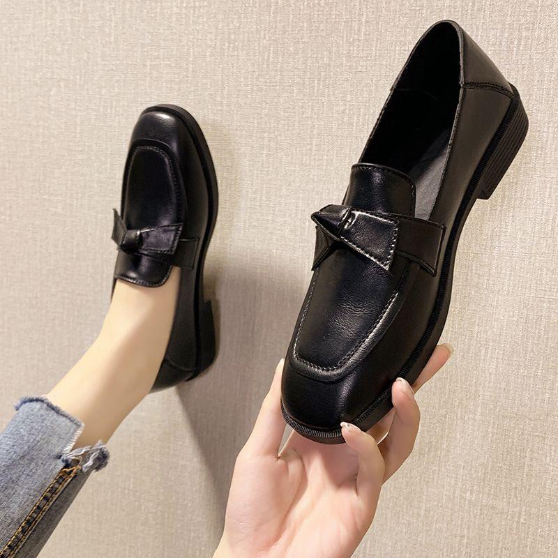 Einzelschuhe Damen Flache Schleife Retro Britischer Stil Kleine Lederschuhe Vielseitige Ein-Pedal-Loafer Aus Weichem Leder