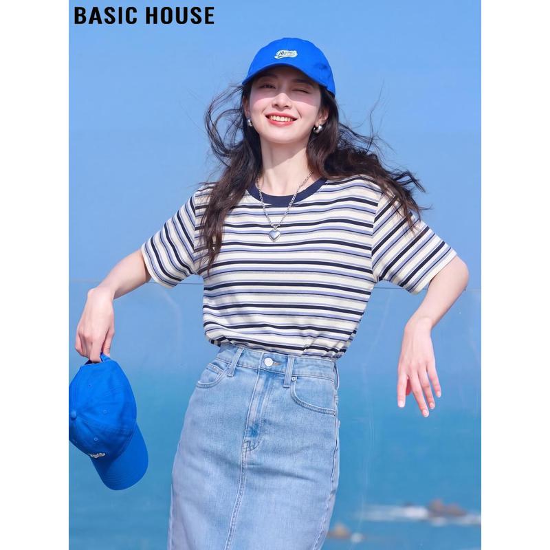 Basic House Women s Navy Striped Cotton Short Sleeve T-Shirt 2XL