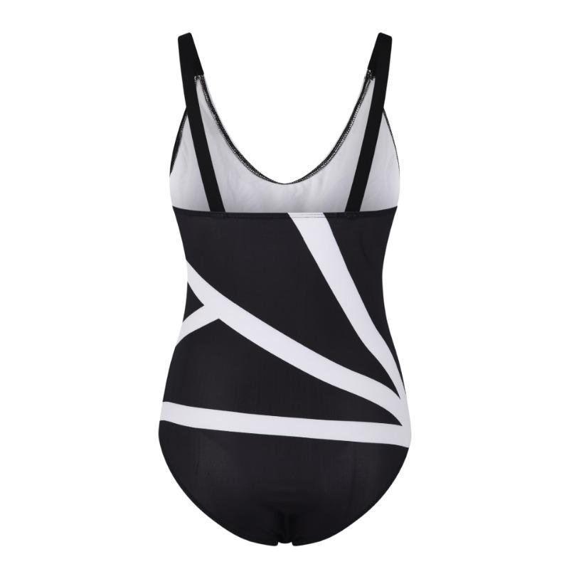 Women's Black & White Color Block One Piece Swimsuit - V-Neck Adjustable Strap Mesh Panel Beachwear
