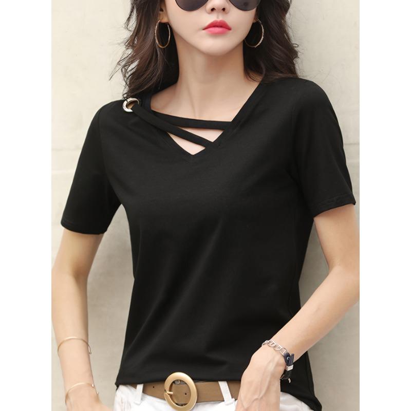Women's Casual Fashion V-Neck Top Summer White T-shirt