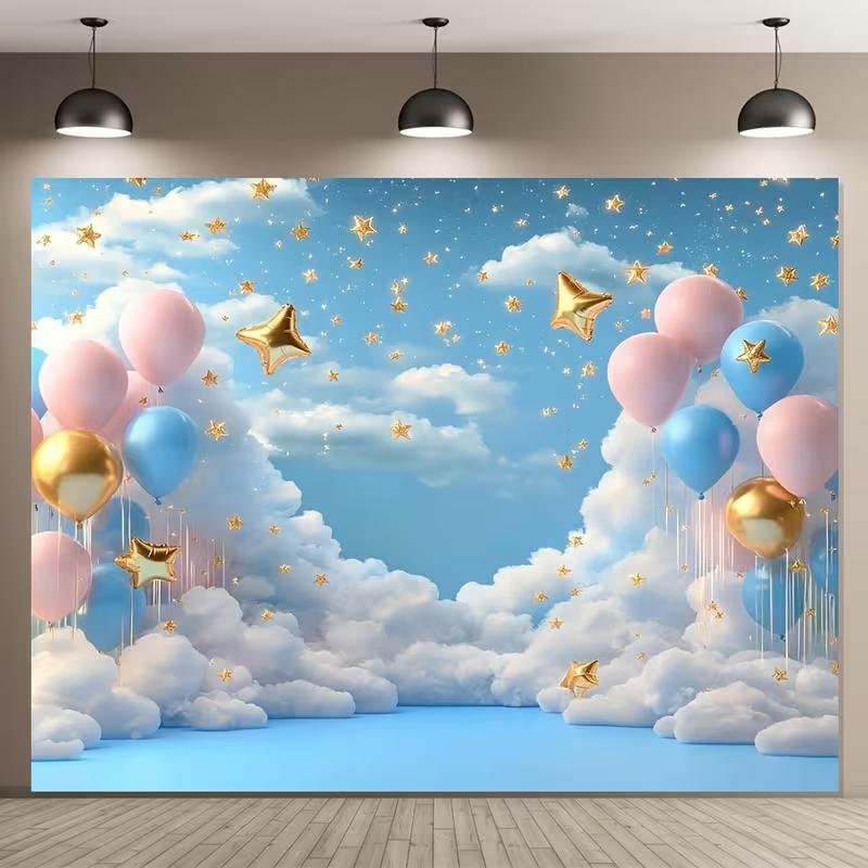2D Cloud & Star Balloon Tapestry, Baby Shower Home Decor