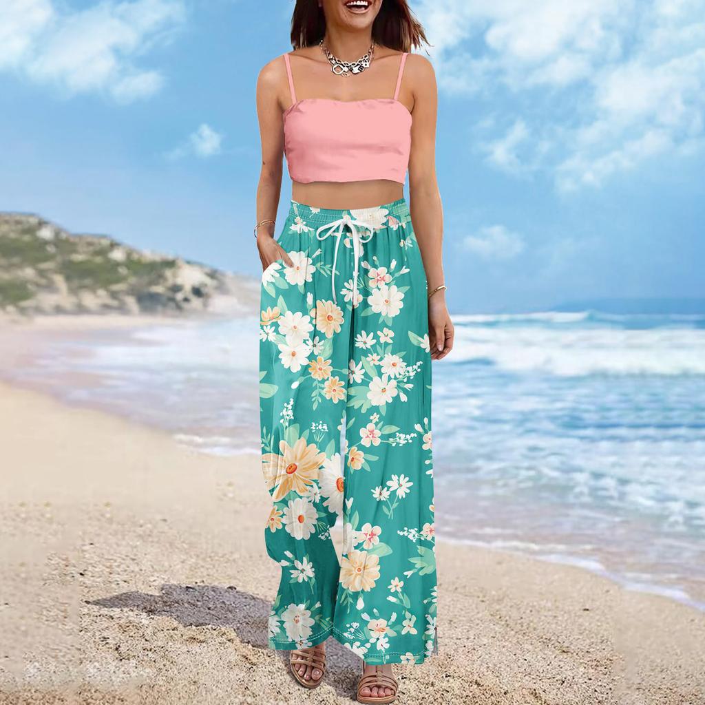 Kvinner Sommer Boho Palazzo Bukser Høy midje Bred Leg Blomstertrykk Uformelle bukser med lommer