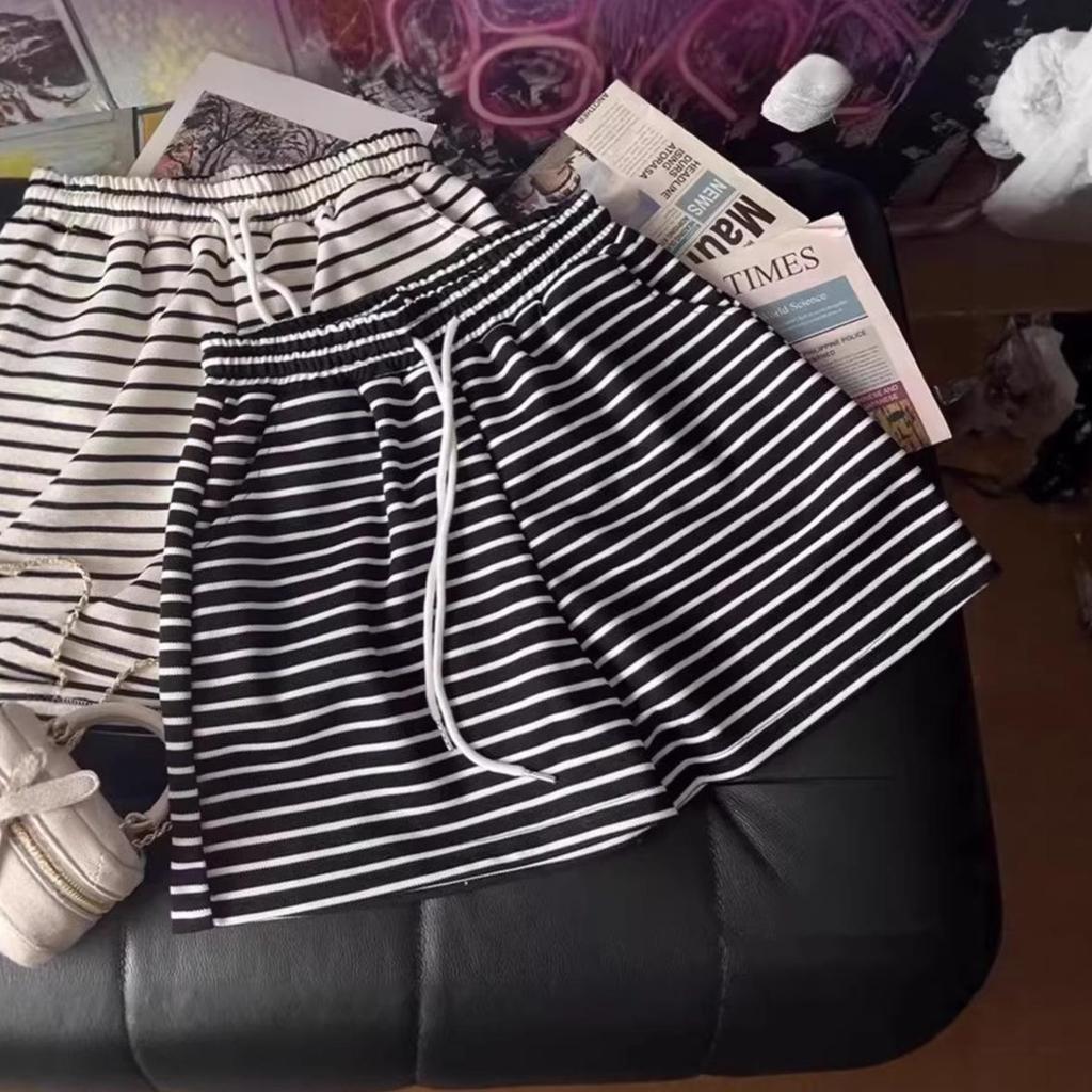 Korean Style High Waist Striped Women's Summer Sports Shorts - Casual Loose Wide Leg Mid-Length Hot Pants
