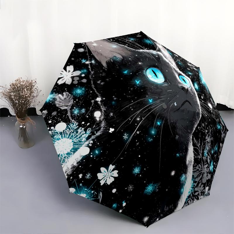 1 ks automatický skládací deštník - vzor černá kočka, přenosný a skládací design s 8 žebry, vánoční narozeninové dárky