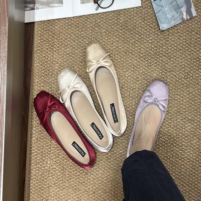 French Inner Heightening Suede Ballet Single Shoes Women's Shoes 2025 New Spring and Autumn Bow Red Evening Shoes