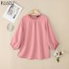 ZANZEA Blusa Casual Feminina de Manga 3/4 e Cor Sólida com Decote Redondo