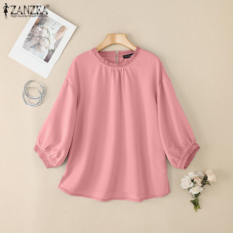 ZANZEA Damen Freizeit Rundhals Einfarbig 3/4 Ärmel Bluse