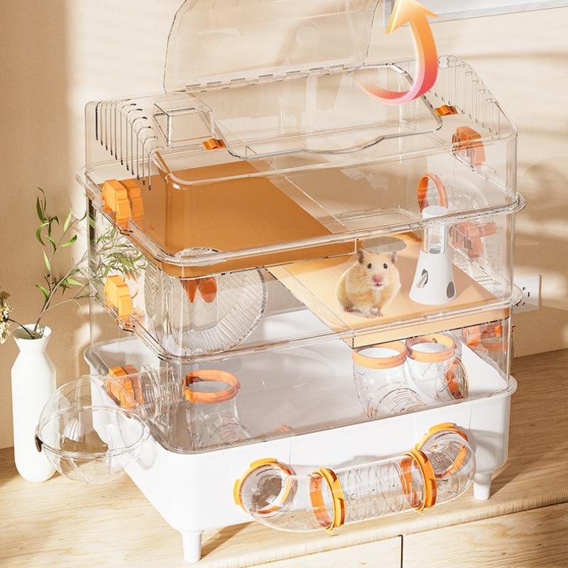 Large Hamster Cage Three Levels Raised Acrylic Transparent Habitat Spacious Pet Villa DIY Luxury Tunnel Hamster Playground