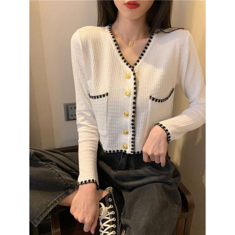 Xiaoxiang Style Collar Long-sleeved Knitted Cardigan Women's New Korean Style Loose Foreign Style Versatile Thin Jacket