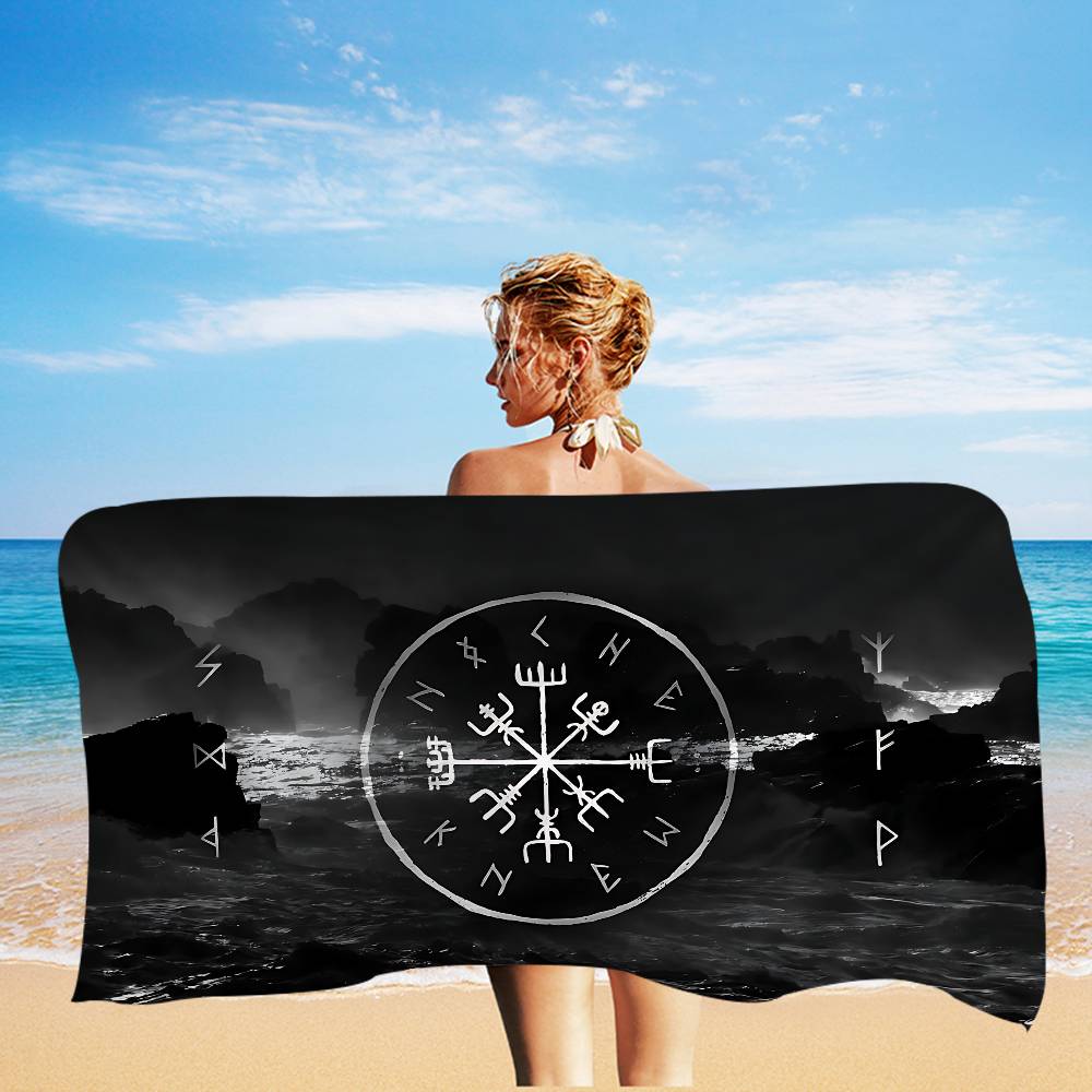 V-Viking Logo V-Vegvisir Asciugamano da Spiaggia Stampato in Microfibra di Lusso Arrampicata su Montagna Yoga Spiaggia Nuoto Corsa Asciugamano Assorbente