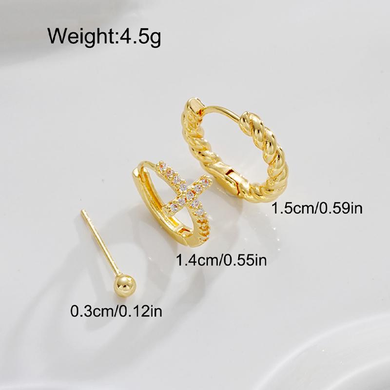 3pcs New Fashion Minimalist Copper Zircon Cross Earrings Set for Women Chunky Birthday Vacation Daily Wear Party Jewelry Gifts