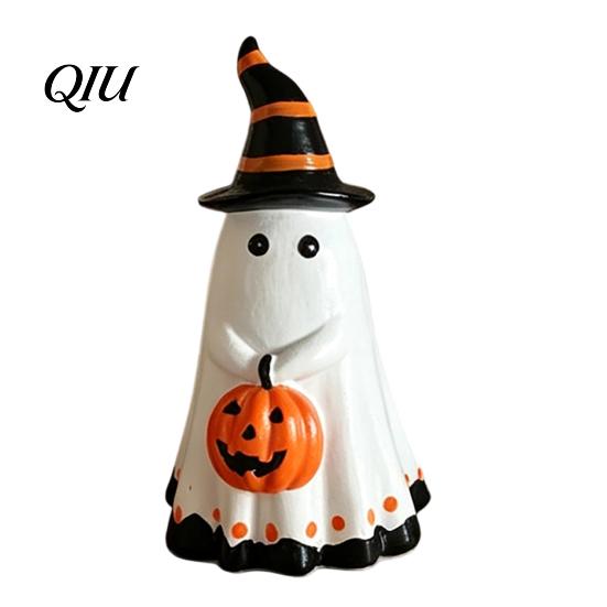 Halloween Ghost Decoration Figurine with Witch Hat, Cute Small Resin Smooth Texture Statue Holding Pumpkin for Home Table Shelf Desk Decor Seasonal