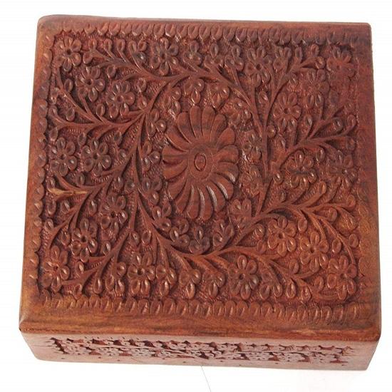 Christmas Gifts Sale Hand Carved Wooden Decorative Floral Carvings Trinket Jewellery Box Storage