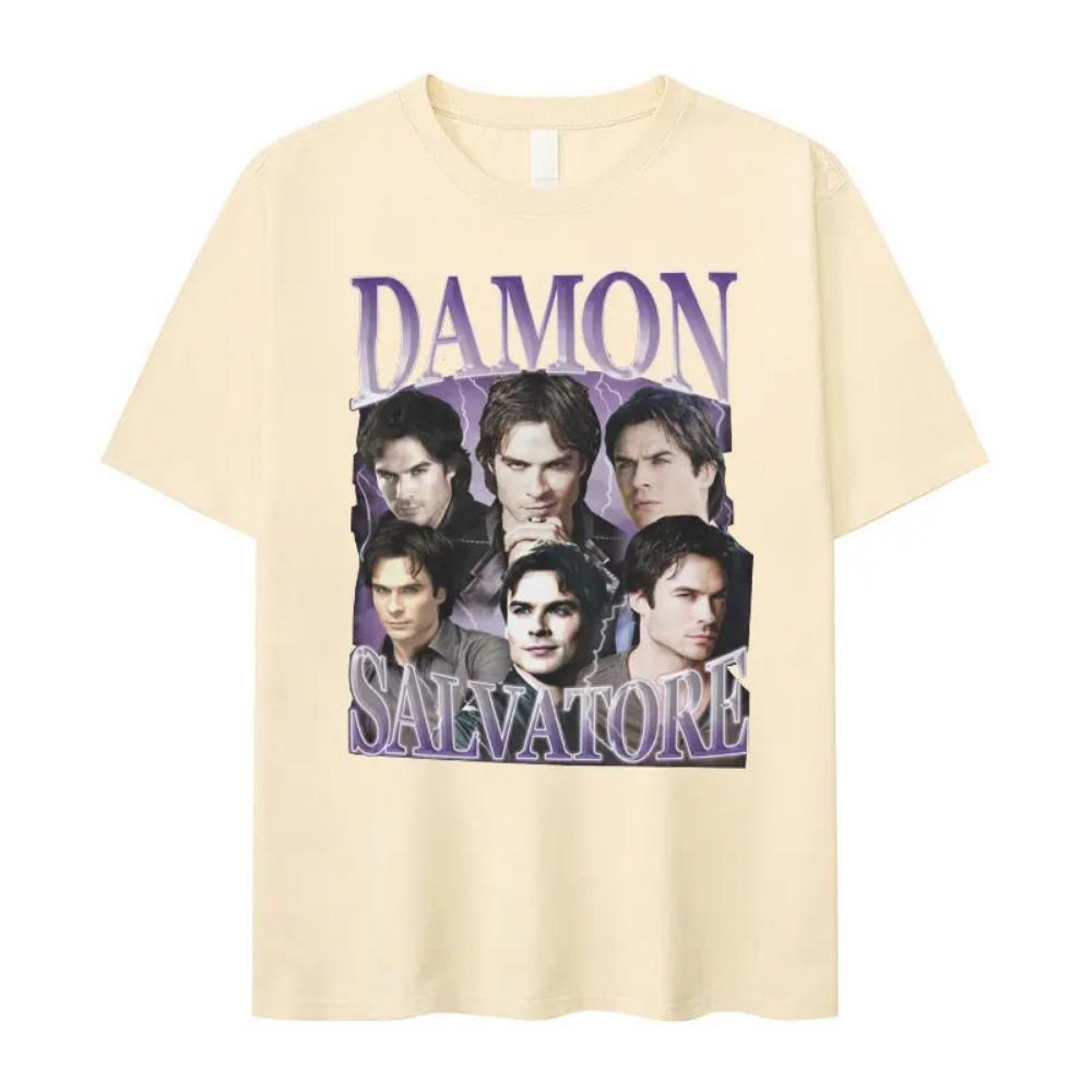 T-shirt con Stampa Damon Salvatore Ian Somerhalder Serie TV per Donna Moda Gotica Retro Oversize per Streetwear Donna