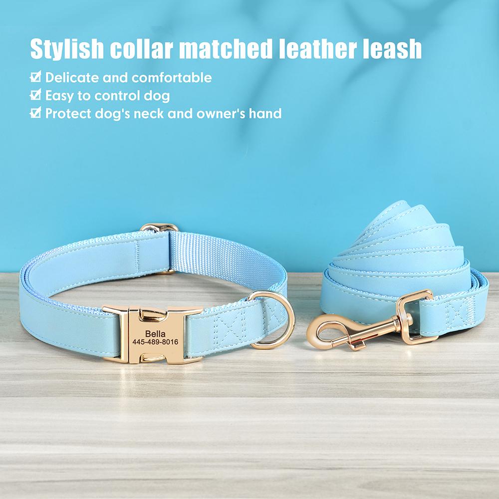 Custom Dog Collar Leash Set PU Leather Dog Collars Engraved Pet ID Necklace With Lead Rope Durable for Small Medium Large Dogs