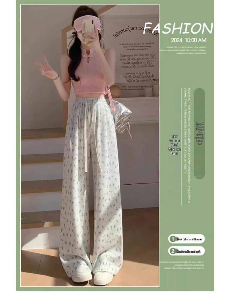 Florale weiße High-Waist-Sweathose mit weitem Bein für Damen - Frühling, Herbst & Winter