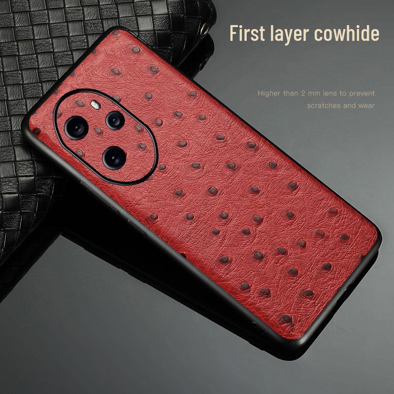 Genuine Leather Protective Cover for Honor 50 with Ostrich Pattern, Cowhide, All-inclusive Design