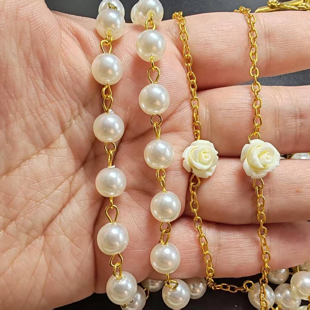 8mm Beige Color Glass Imitation Pearl Bead Wedding Rosary Guadalupe Center Big Gold Cross
