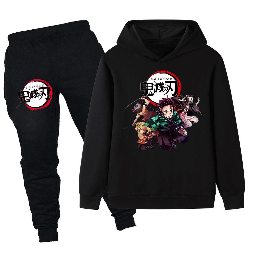 PB095 Kids Boys Girls Kimetsu No Yaiba Print Long Sleeves Hoodie Pants Trousers Clothes Sets