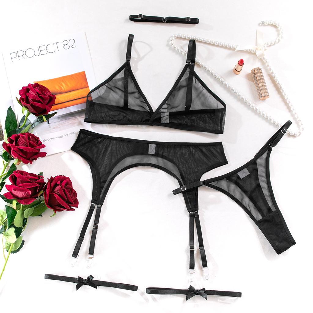 Sexy Polka Dot Lingerie Set 5Pcs Mesh Transparent Bras Thongs With Bow Leg Ring Erotic Intimate Wear
