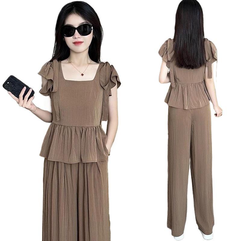 2024 Plus Size Ice Silk Women’s Stylish Summer Two-Piece Set with Wide-Leg Pants