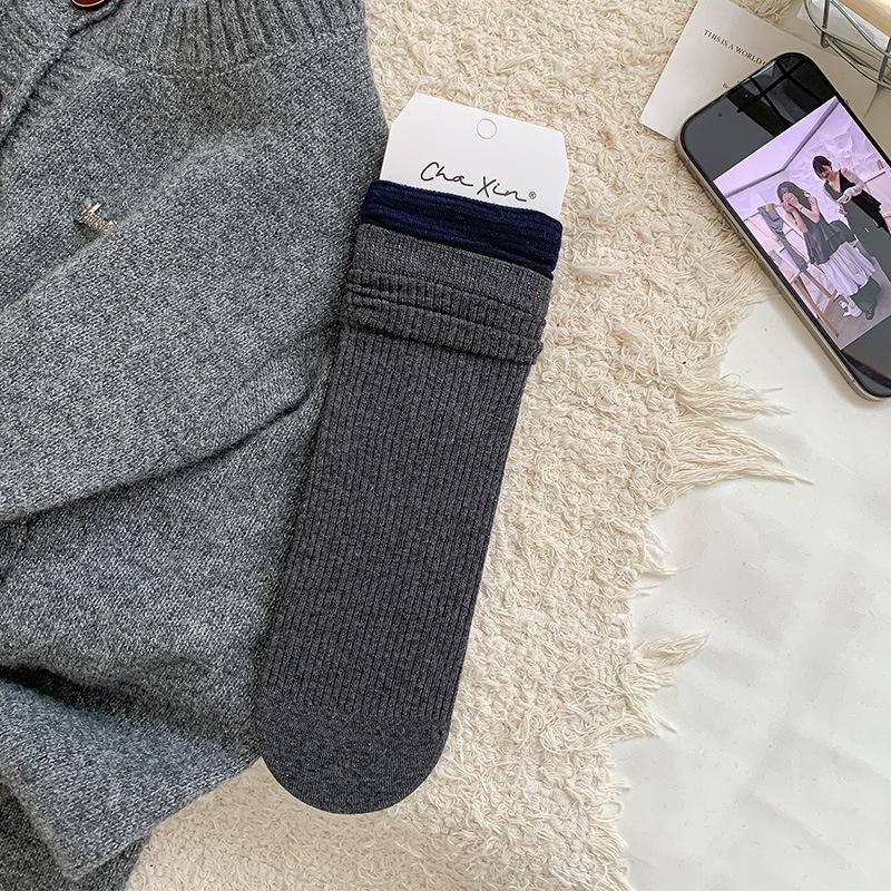 Women's Japanese Style Ribbed Stripe Mid-Calf Socks - Grey Patchwork Fake Two-Piece for Spring/Autumn Versatile Girly Fashion