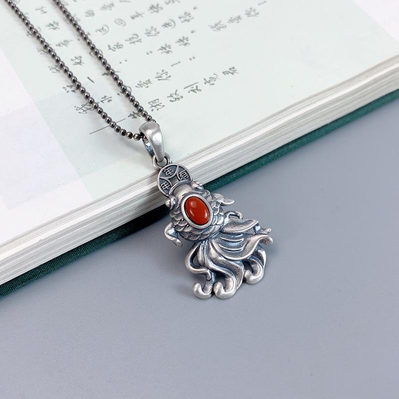 925 Sterling Silver Red Agate Goldfish Koi Necklace Pendant for Men & Women – Retro Style, Year-After-Year Abundance