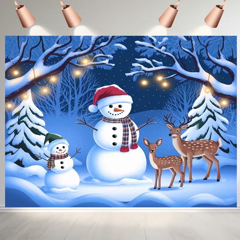 2D Christmas Snowman Scene Backdrop, Deer Family & Snowy Forest Photography Background
