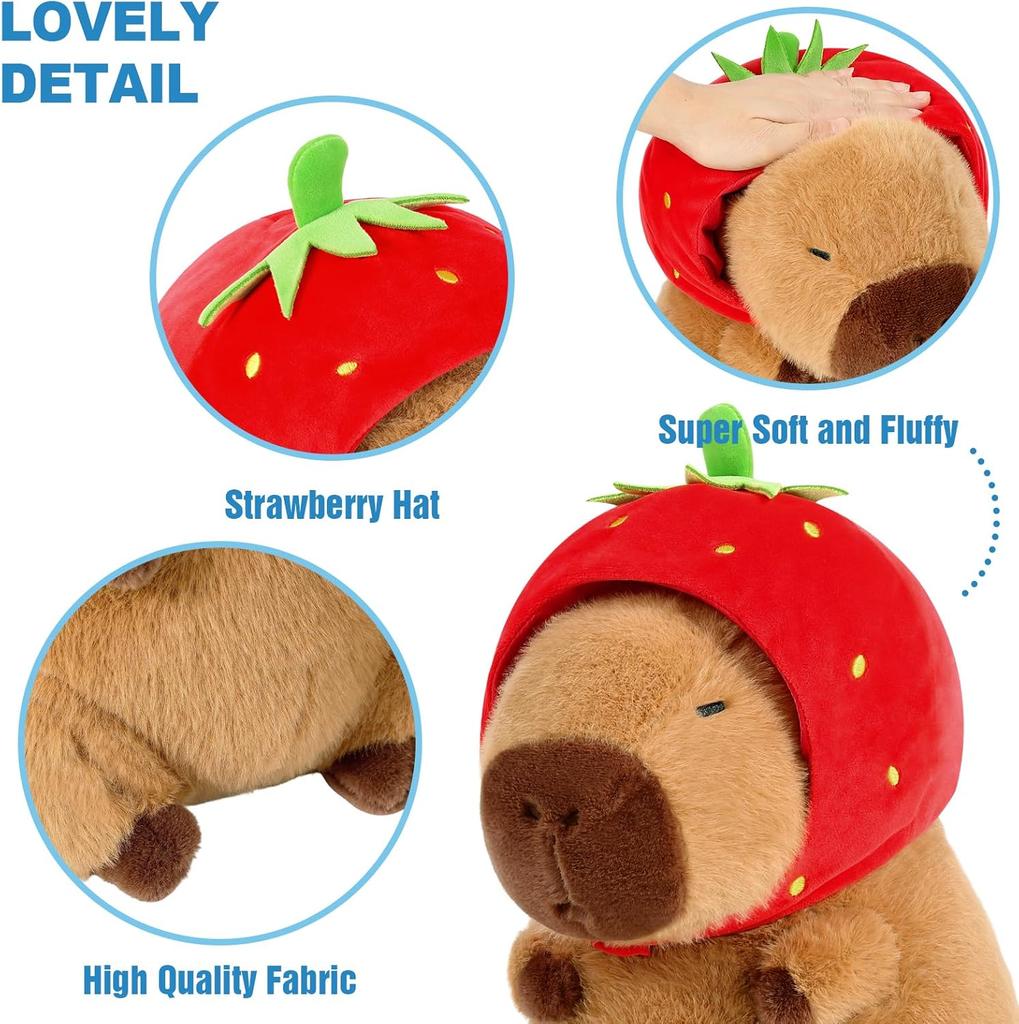 Capybara Plush Toy, Strawberry Hat Capybara Stuffed Animal, Soft Cuddly Plushie, 25 cm Decorative Pillow, Gift for Girls Kids 3+ Years