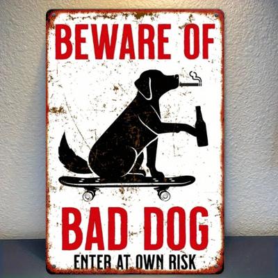 Humorous Vintage "Beware of Bad Dog" Metal Wall Sign - Rustic Iron Warning Plaque Distressed Finish & Skateboarding Dog Design