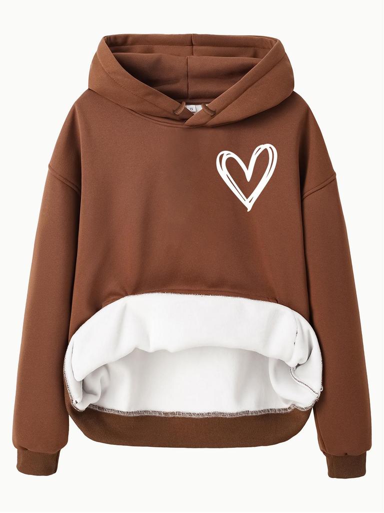 European & American Women's Heart Print Hoodie - Long Sleeve, Fleece-Lined, Kangaroo Pocket, Autumn/Winter Style
