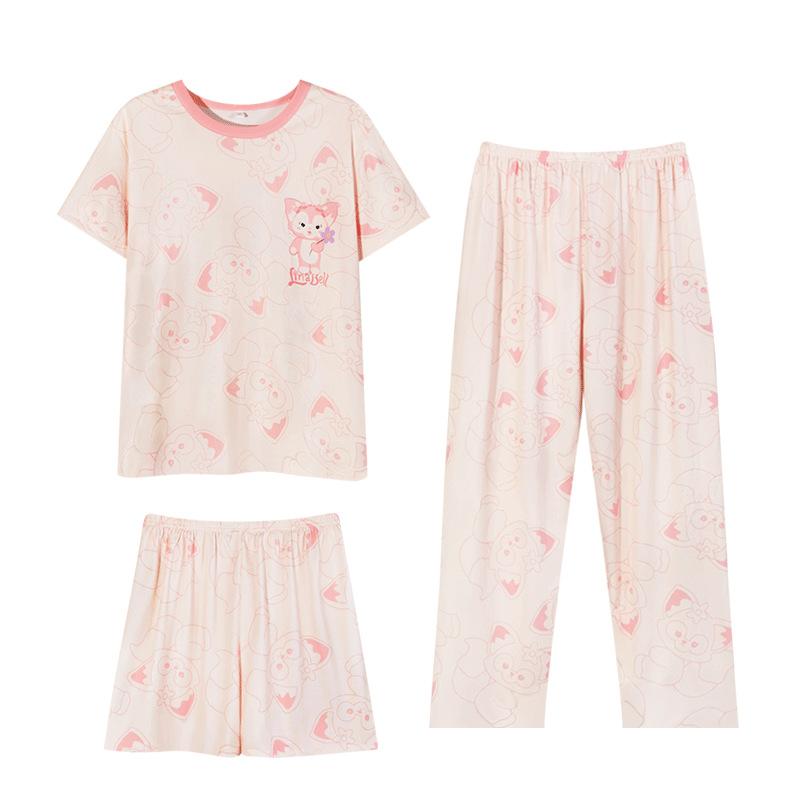 Summer Cute Cartoon Pajamas Female Lingna Belle Ins Spring and Autumn Thin Short-sleeved Three-piece Set Can Be Worn Outside Loungewear