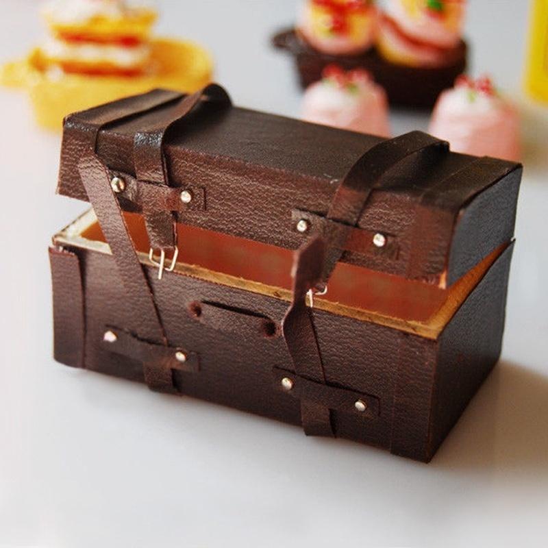 1/12 Miniaturní Vintage kožený dřevěný kufr pro panenky Mini Box na zavazadla