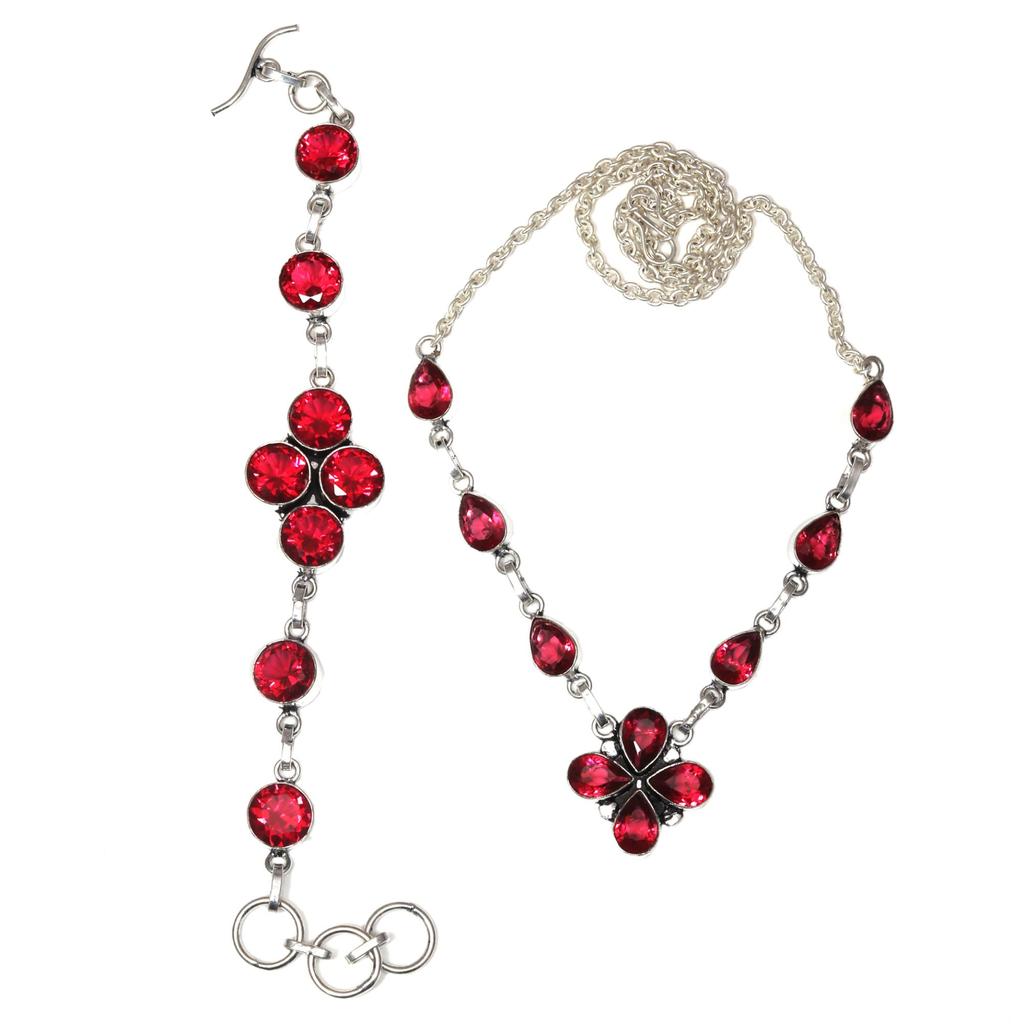 Pink Tourmaline Quartz Gemstone Jewelry Necklace Set 18-20''