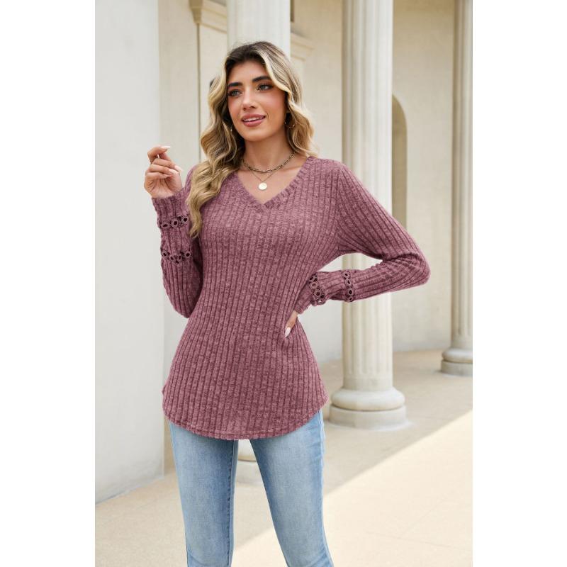 Solid Color V Neck Lace Patchwork Loose Long Sleeve Brushed T Shirt