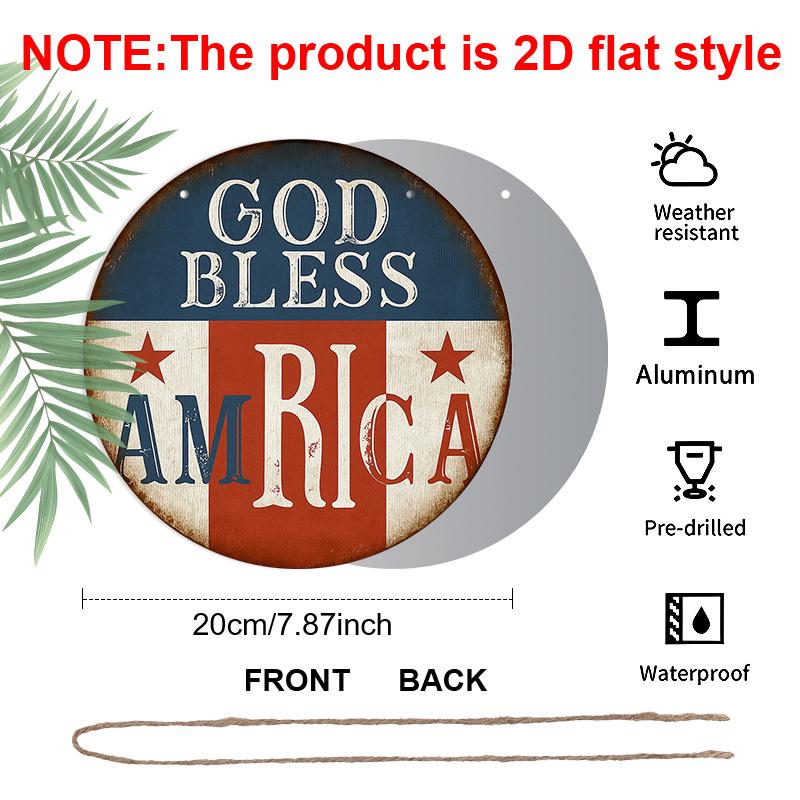 1pc 2D Flat, Round French Aluminum Sign, "God Bless America" Vintage Decorative Plaque, "American Flag" Decorative Sign, Suitable for 4th of July