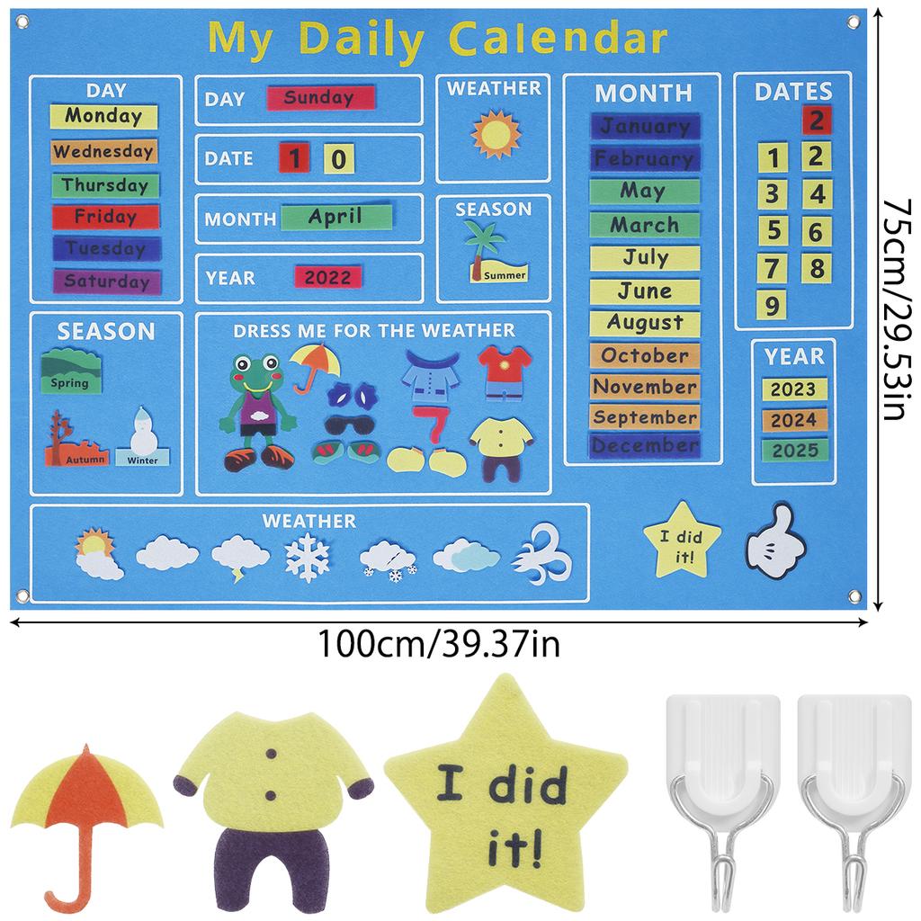 My First Daily Calendar Felt-Board for Toddlers 100x70cm Today Calendar Chart Hanging Board for Wall Date Weather Season Month