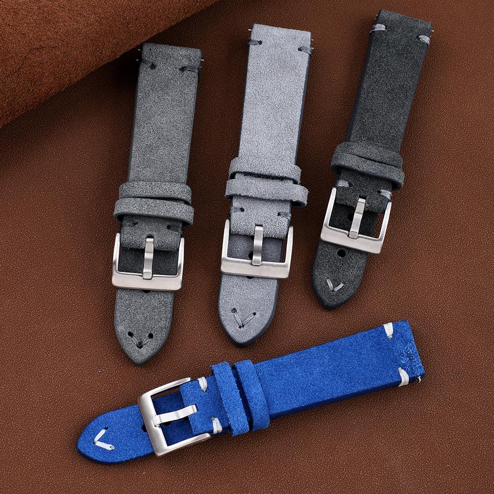 Wildleder Echtes Leder Uhrenarmband 20mm 22mm Vintage Handgenähtes Armband Grau Blau Schnellverschluss Uhrenarmband Zubehör